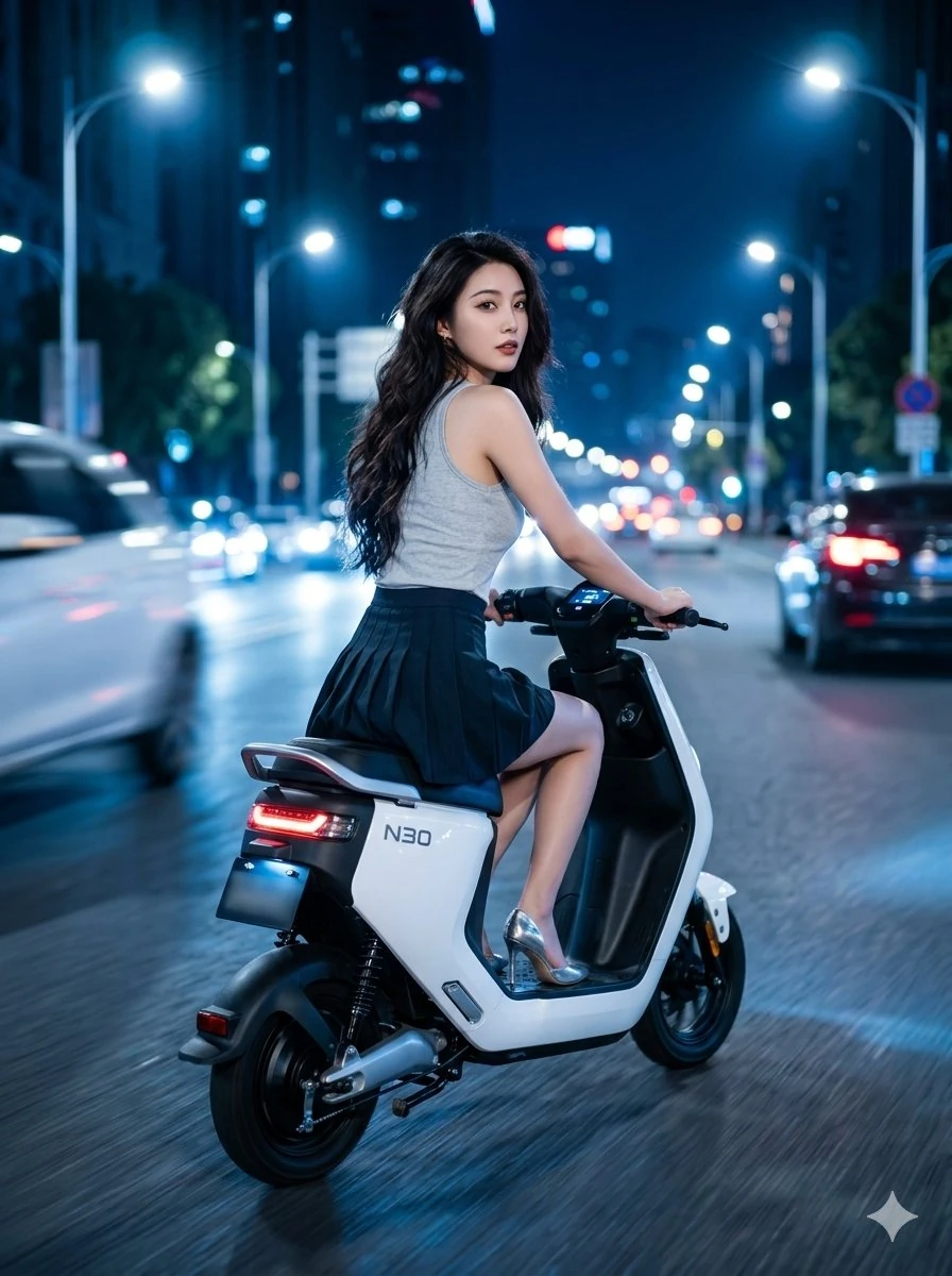 A stunning cinematic night street scene of a beautiful young East Asian w...
