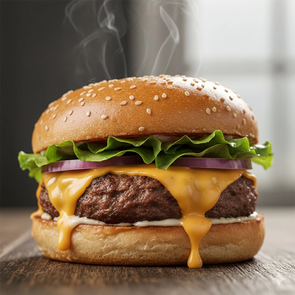 Macro food photography of a juicy beef burger with melted cheddar cheese...