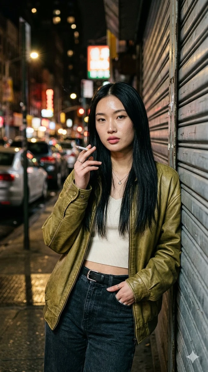 RAW photorealistic night street portrait of a beautiful young woman with...