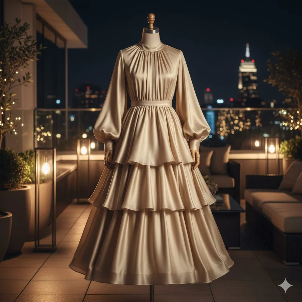 A modern, elegant dress on a mannequin, featuring soft silk layers, a mod...