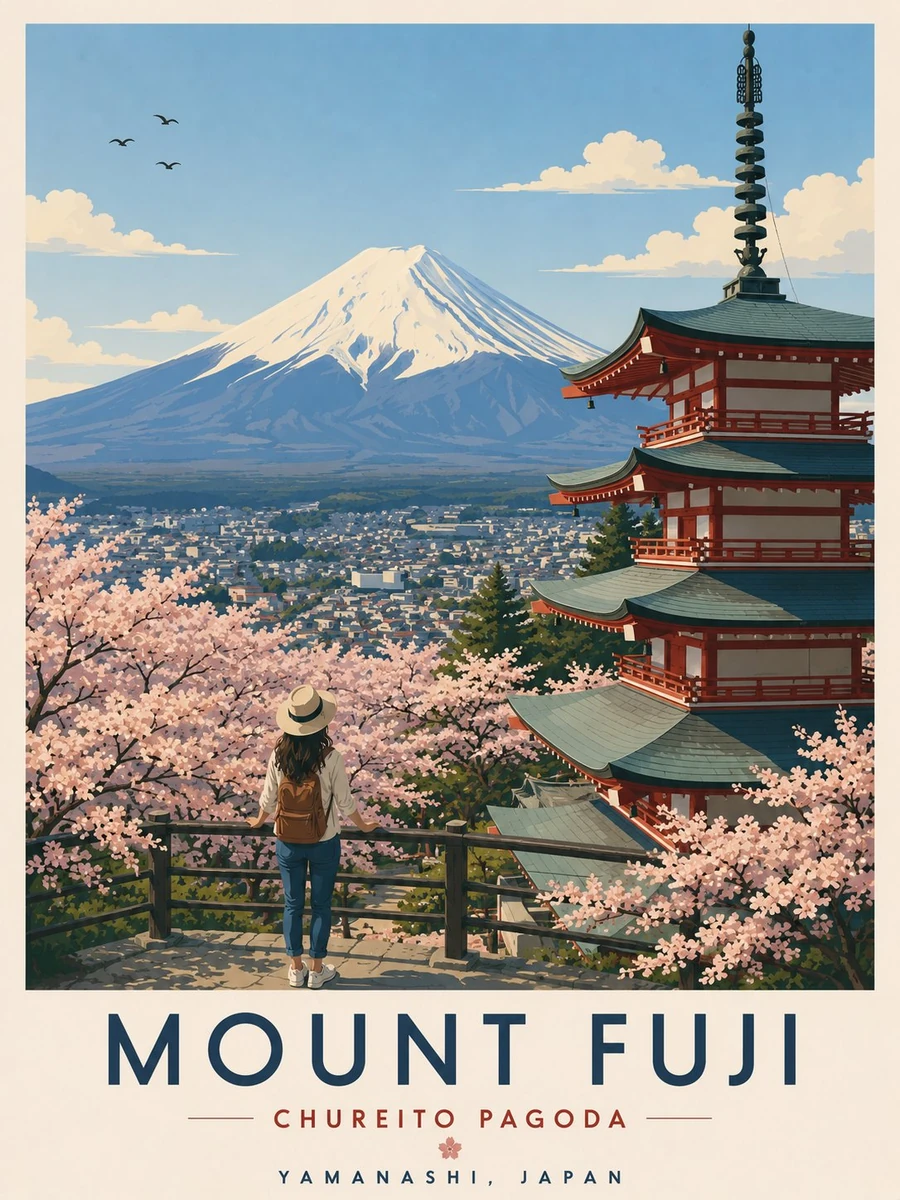 A minimalist ultra-high-resolution vintage travel poster of Mount Fuji an...