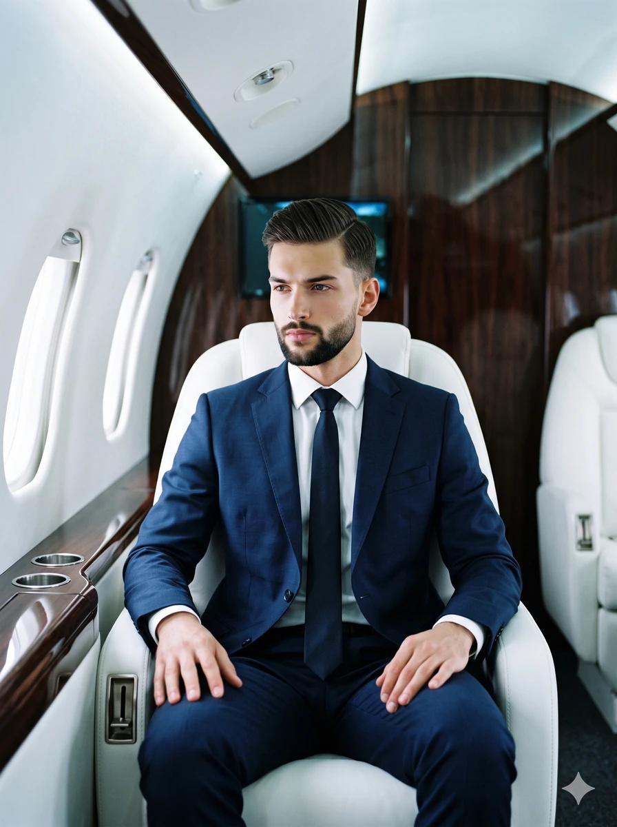 A young male dressed in a sharply tailored navy blue suit with crisp whit...