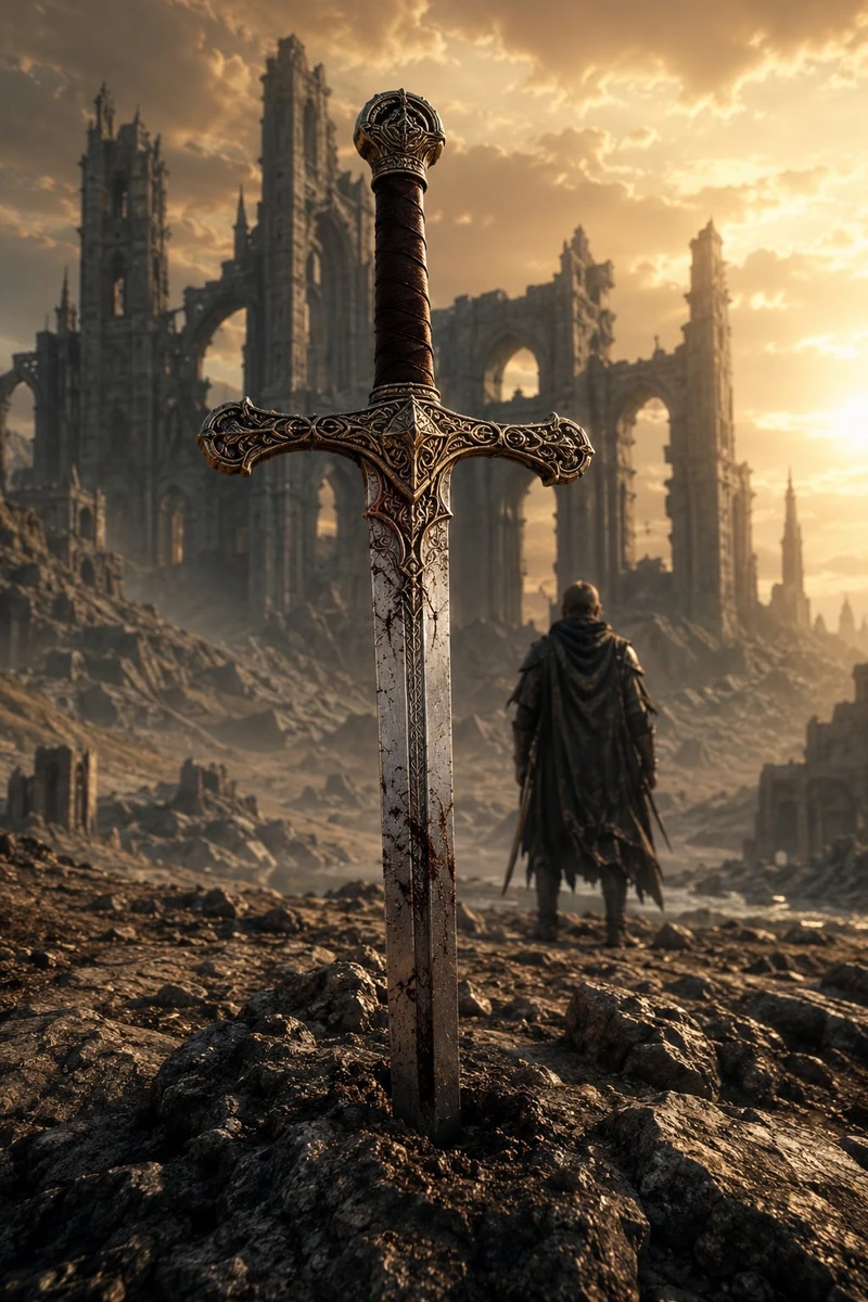 A finely ornate medieval fantasy sword planted deeply in rocky, desolate...