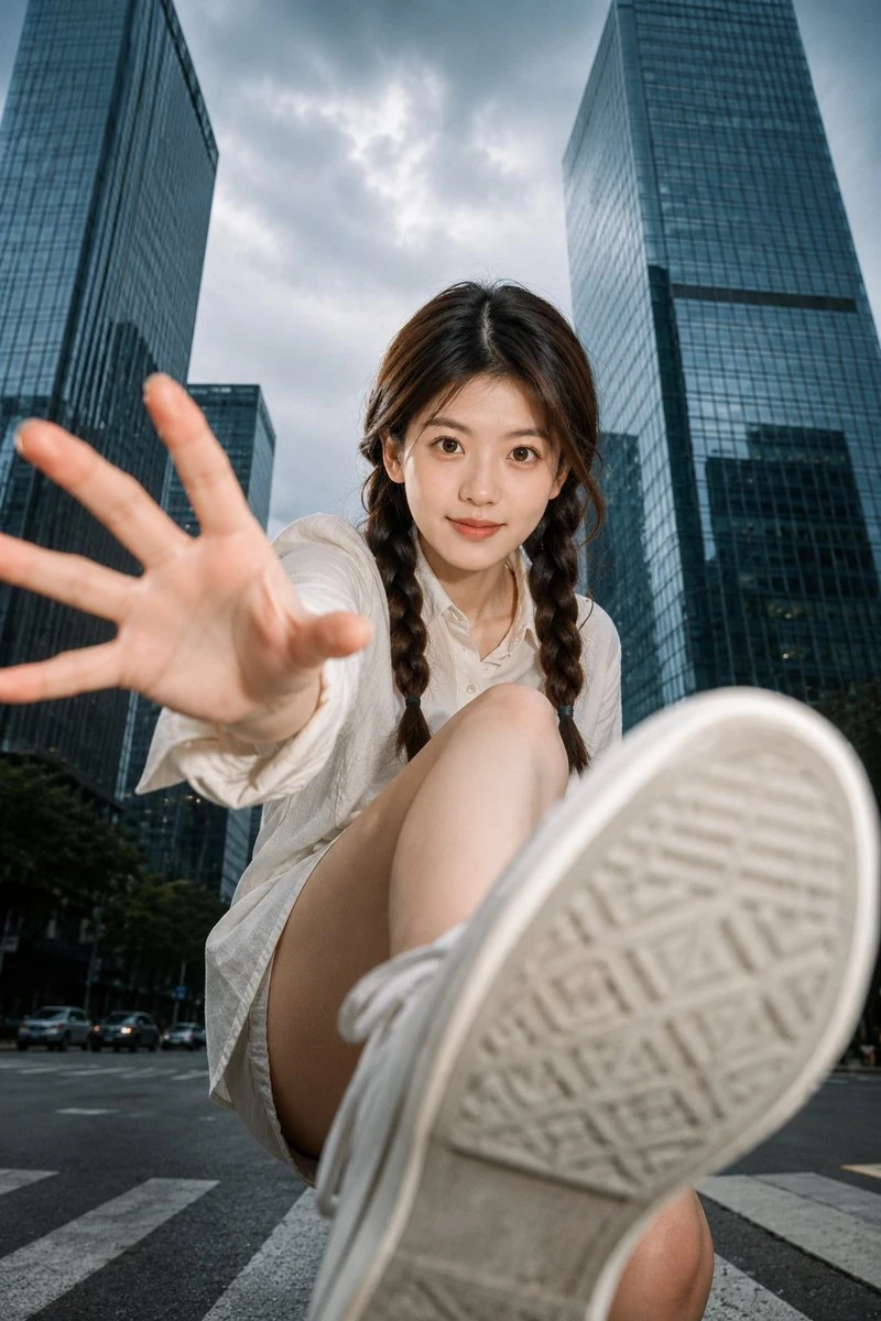 Ultra-wide low-angle urban portrait.