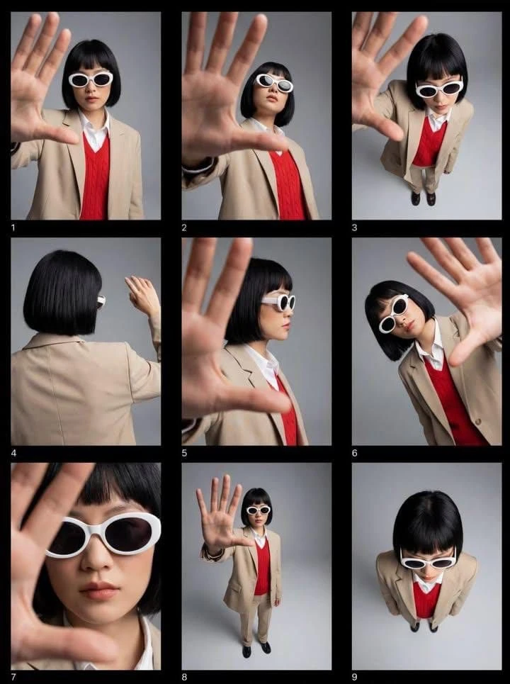 Editorial fashion contact sheet of a modern woman with a sharp black bob...