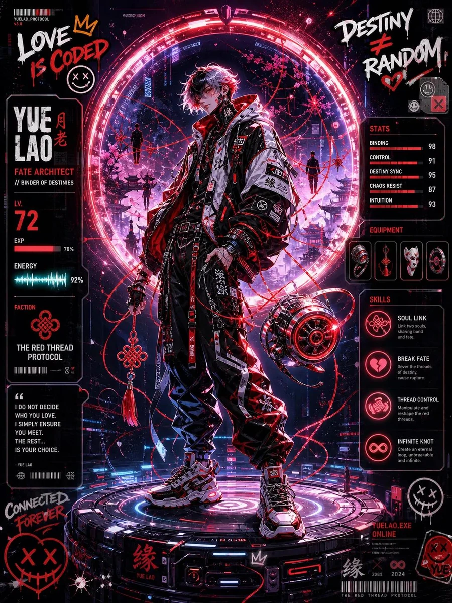 Yue Lao original character IP main visual, futuristic street trend illust...