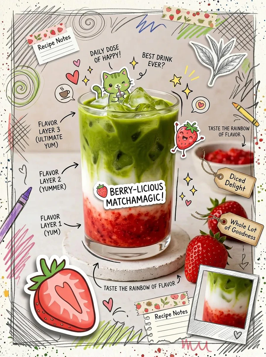 Cute scrapbook-style food photography poster, aesthetic matcha latte drin...