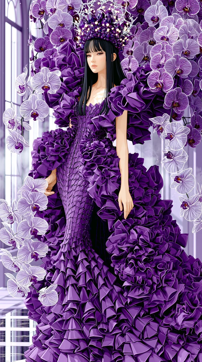 a mysterious empress standing alone in a moonlit glass conservatory, drap...