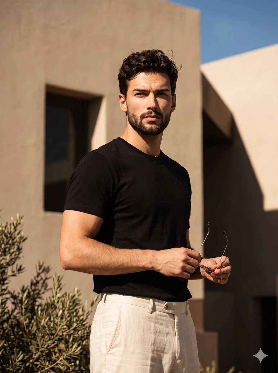 A confident male model stands in a relaxed posture with his body turned a...