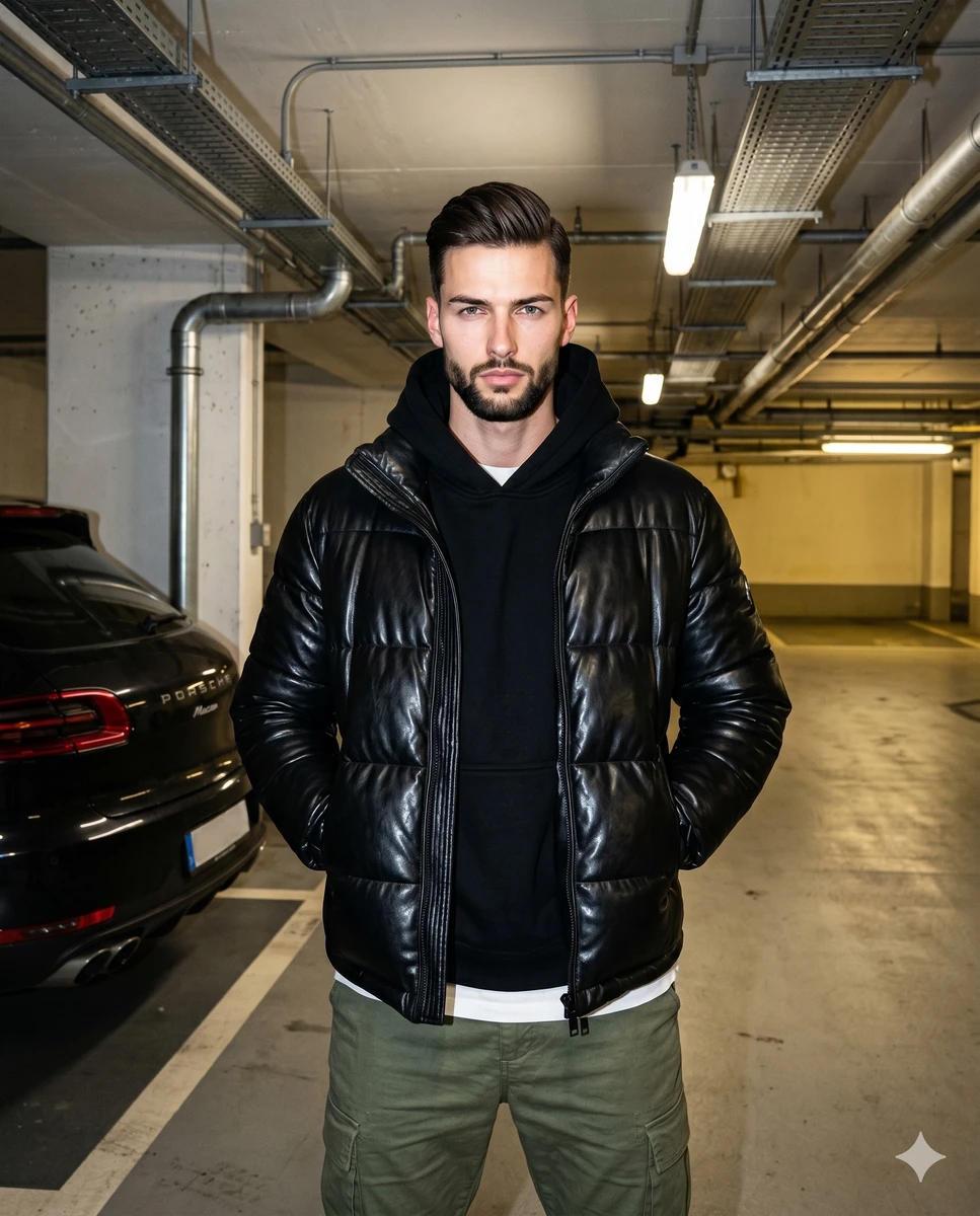 A muscular adult male model stands centered and facing the camera, anchor...