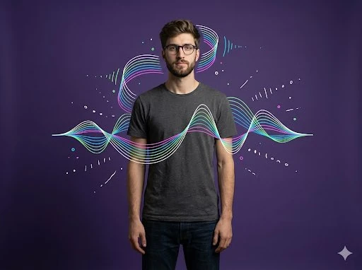 A full-body studio portrait combining realistic photography with minimal...