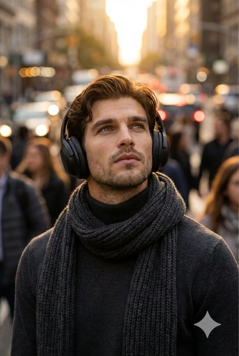Cinematic medium shot of a man with wavy brown hair standing still in a c...