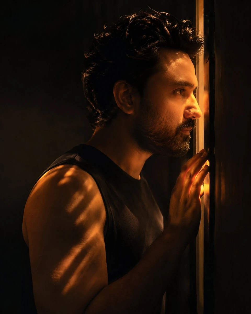 Cinematic portrait of a contemplative man in dramatic warm lighting. Prof...
