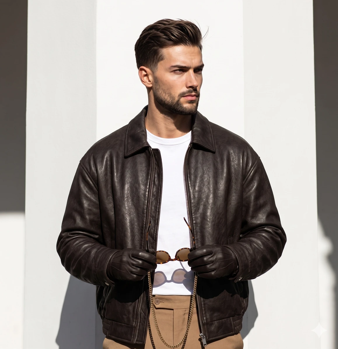 A male model stands centered and straight-on, exuding a serious, confiden...