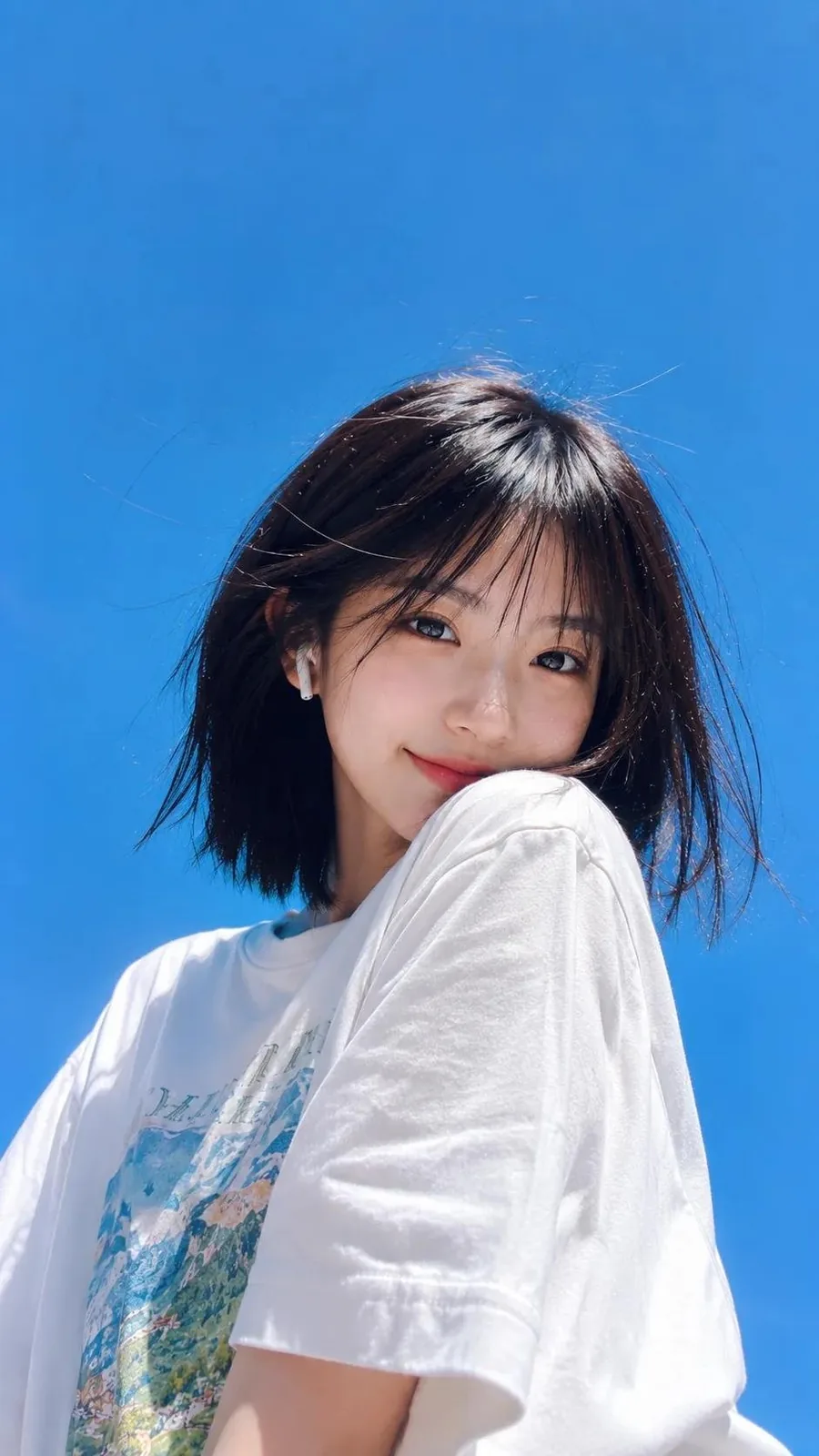 Ultra-realistic lifestyle portrait of a cheerful young woman with fair po...