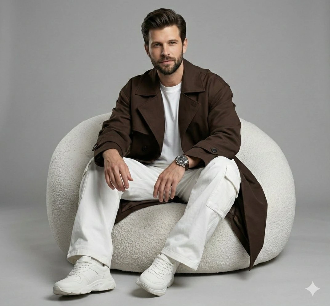Hyper-realistic cinematic fashion photoshoot of a young man. He has a ref...
