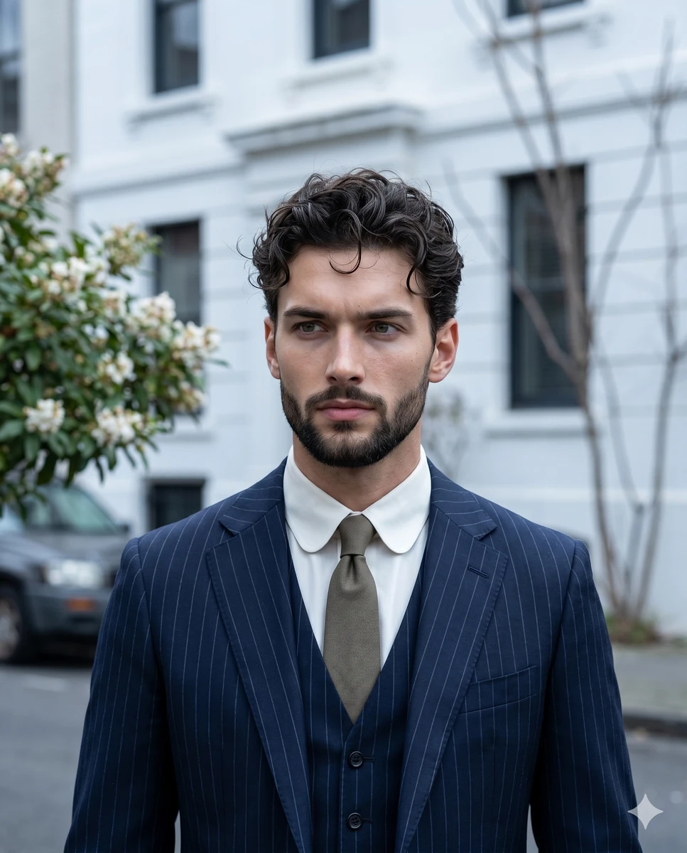 A photorealistic editorial street style portrait features a handsome youn...