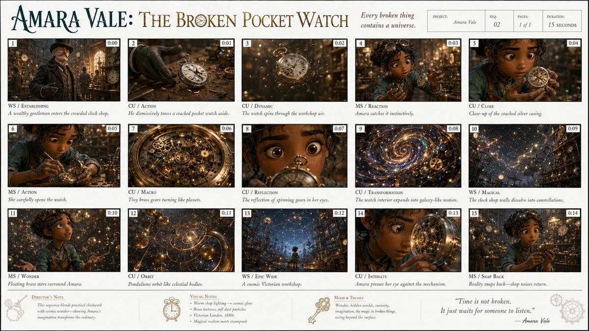 15-second animated storyboard sheet, “Amara Vale: The Broken Pocket Watch...