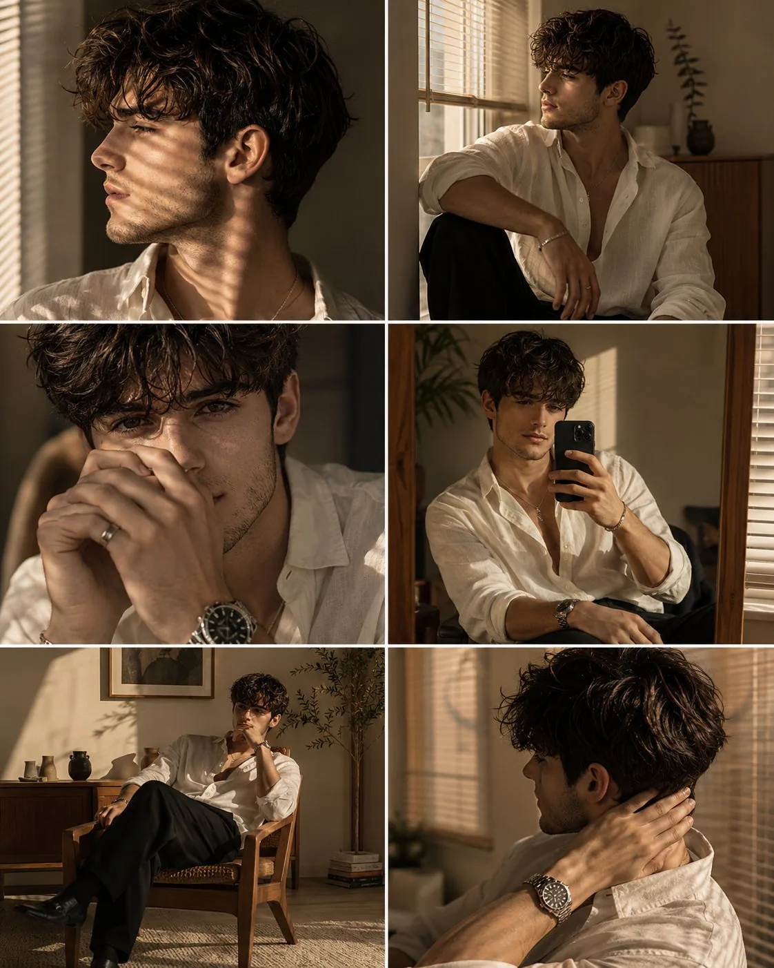Ultra realistic luxury men's fashion editorial collage featuring the same...