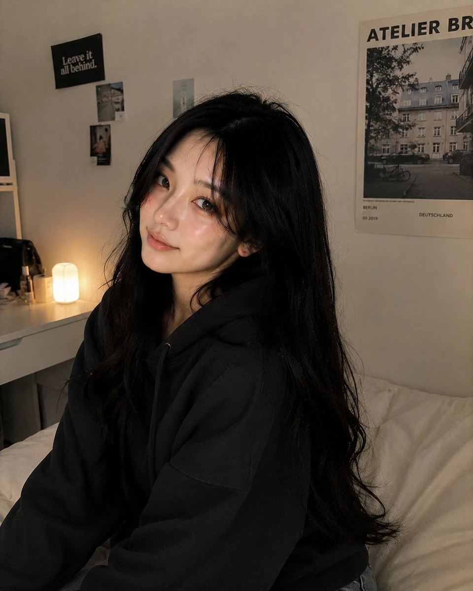 Ultra-realistic cozy bedroom portrait of the same beautiful Korean girl f...