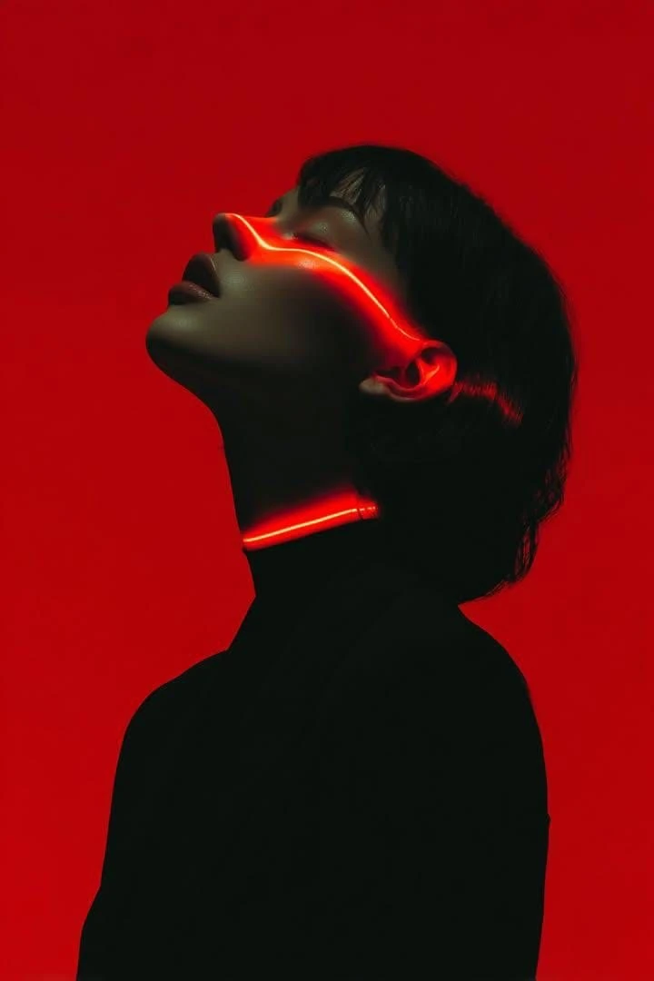 Ultra-stylized cinematic portrait of a person in side profile, head tilte...