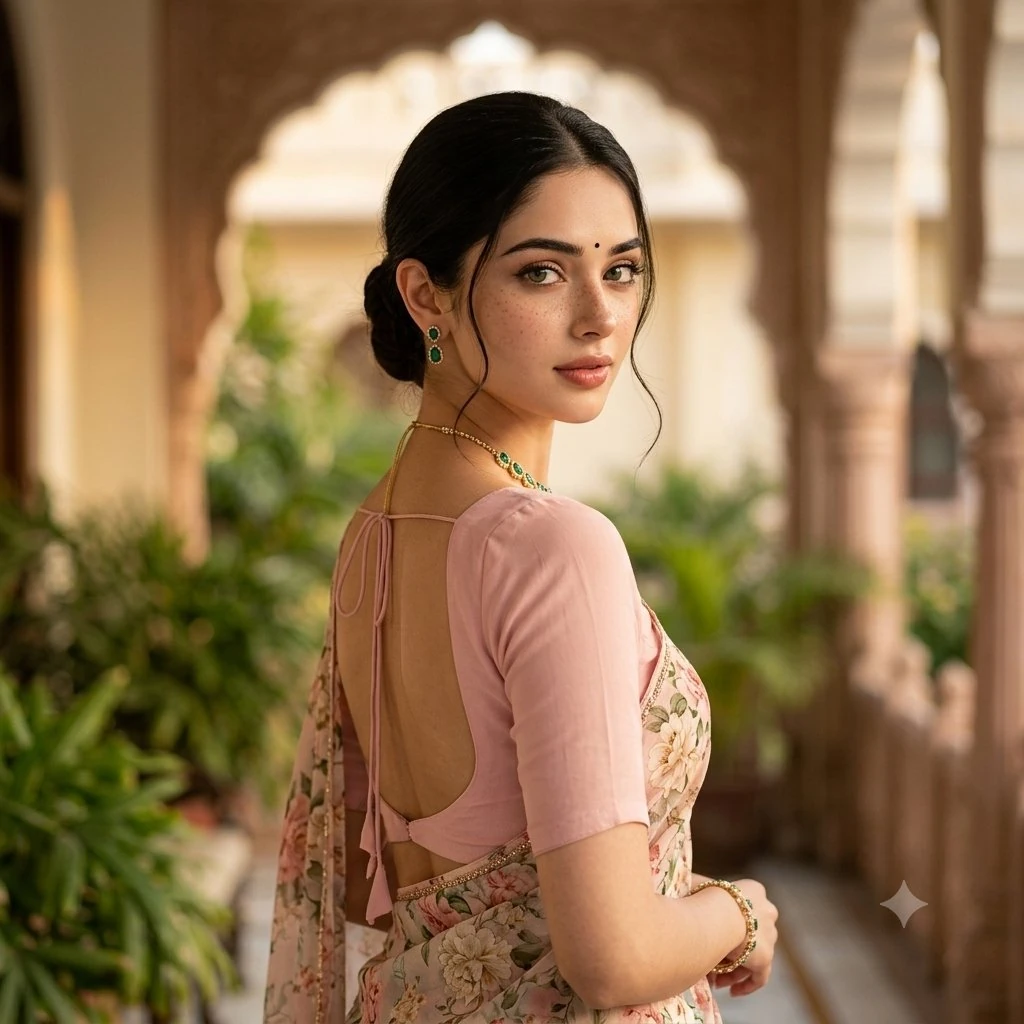 Fair Beautiful fair-skinned young Indian woman, elegant back pose, pastel...