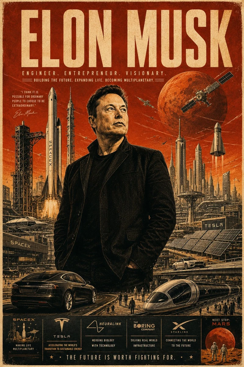 A cinematic retro-futuristic propaganda poster of Elon Musk standing conf...