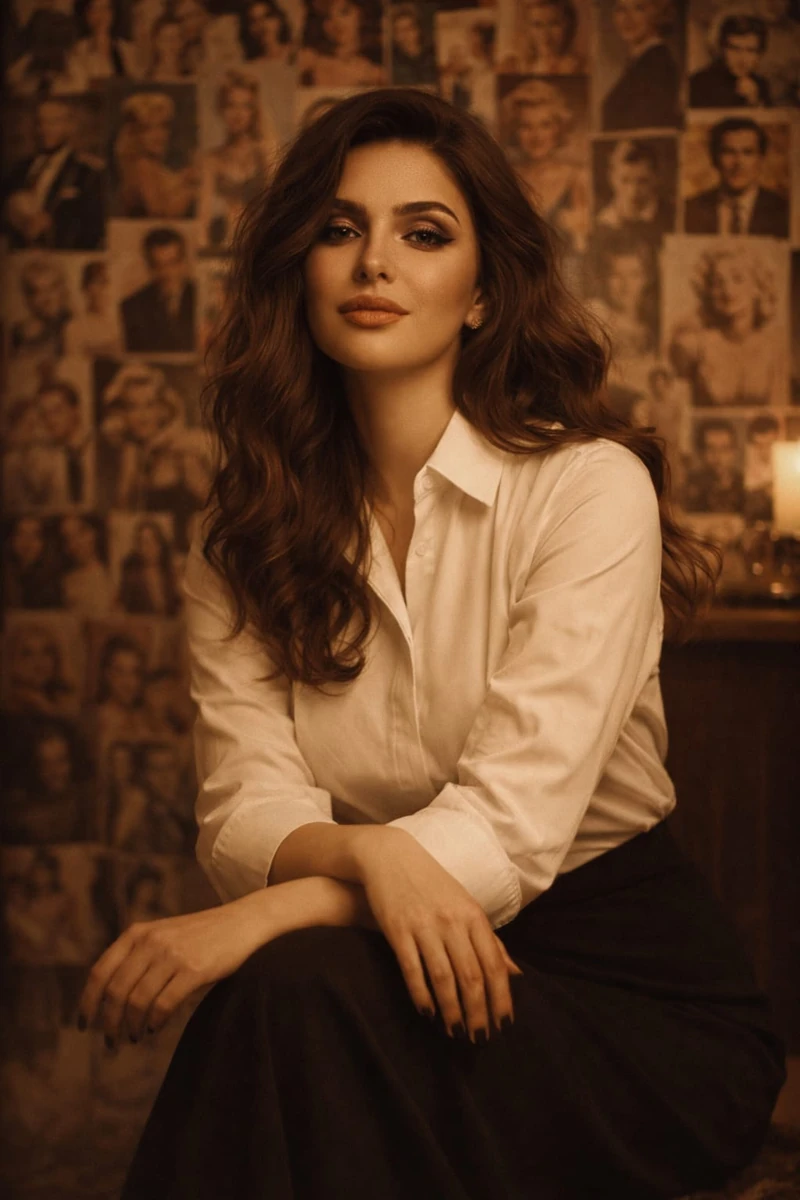 A cinematic portrait of a young elegant woman sitting in a softly lit roo...
