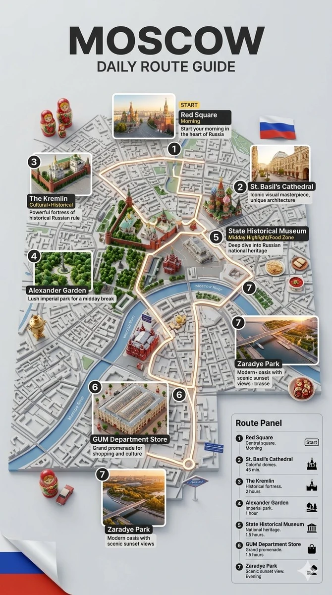 Hyper-realistic 3D infographic poster of a one-day tourist route, created...