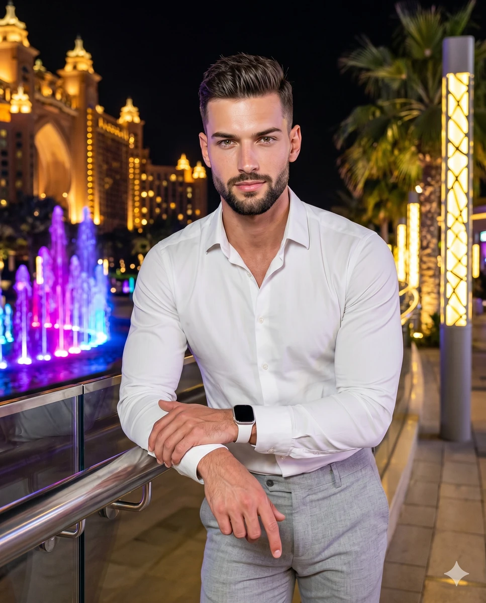 A muscular male in his late twenties to early thirties stands centered, l...