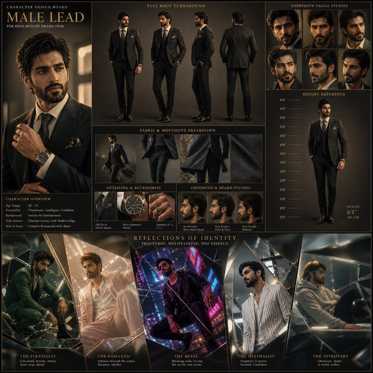 A handsome male lead with a sharp jawline, well-groomed stylish beard, de...