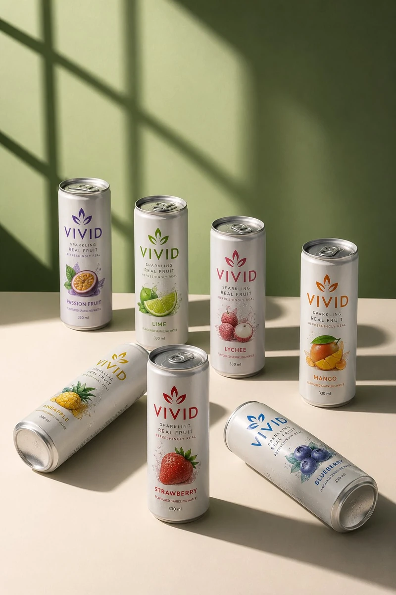 minum cans arranged across a clean studio surface. The cans should be sho...