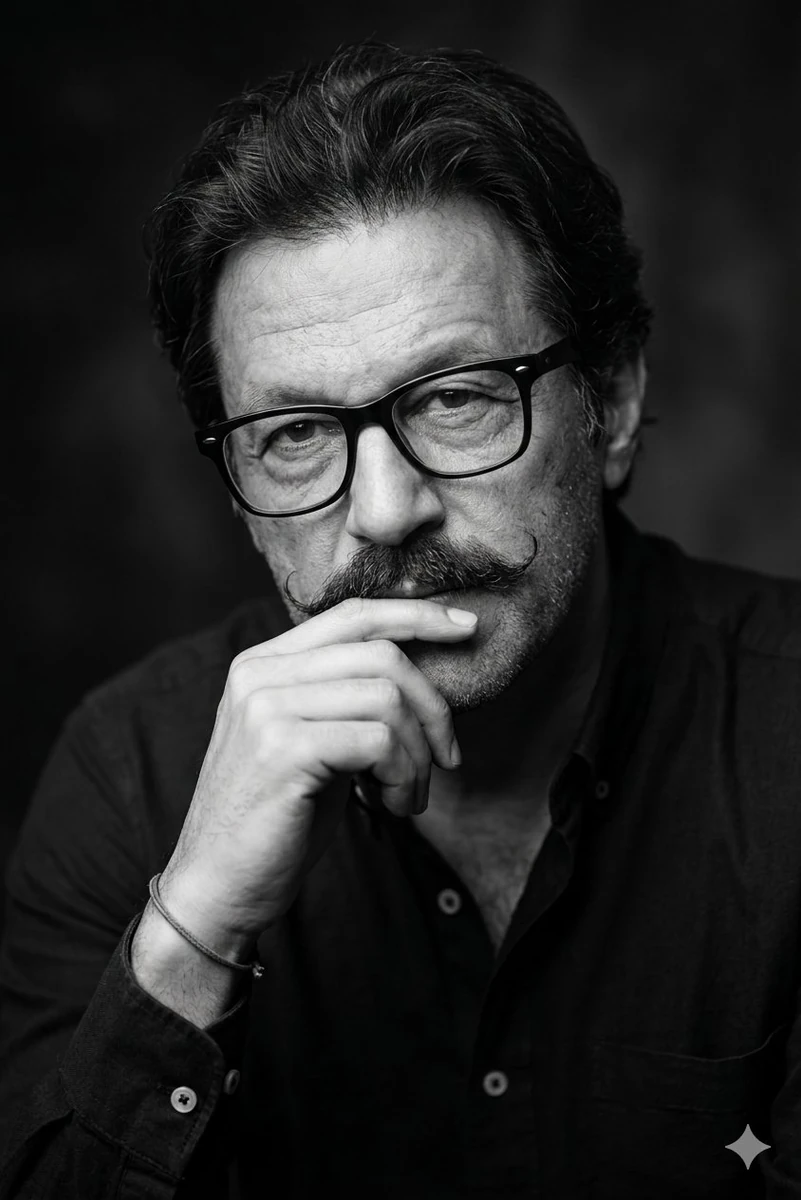 Black and white close-up portrait of a thoughtful middle-aged man with cu...