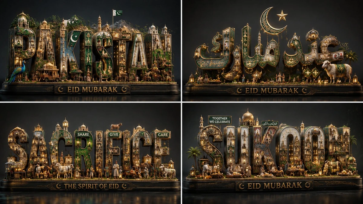 below π 2x2 grid of ultra detailed cinematic 3D typography sculptures. R...