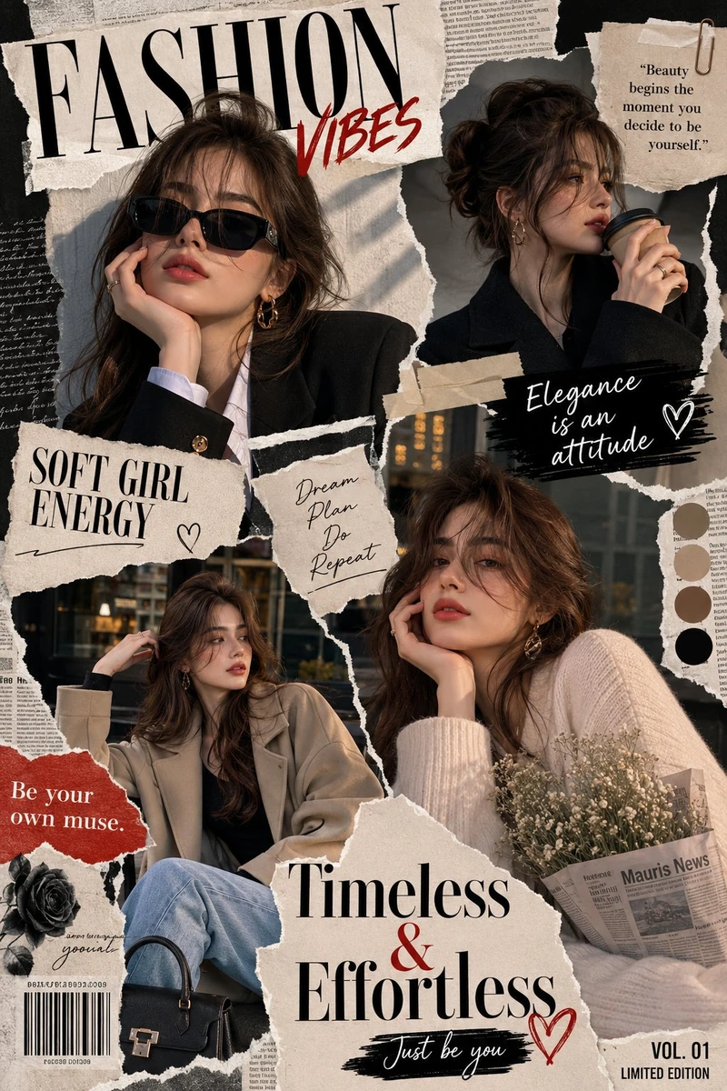 Ultra-fashion editorial collage poster, featuring one stunning beautiful...
