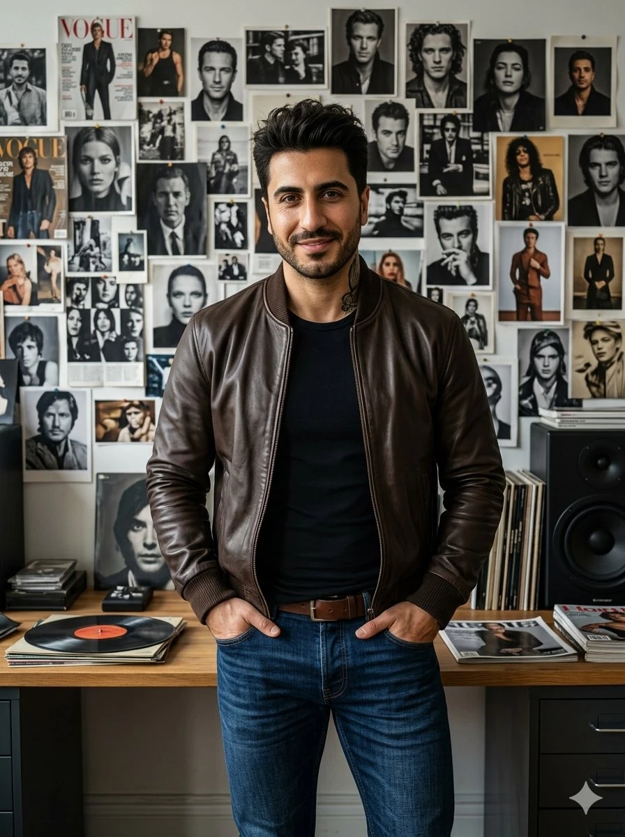 A stylish, confident South Asian man in his late 20s to mid-30s with shar...