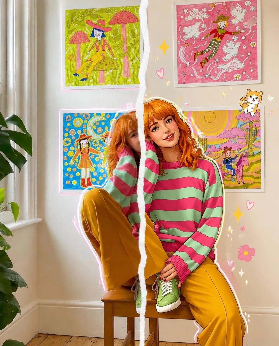 A split-screen "Real Life vs Illustrated World" portrait with a vertical...