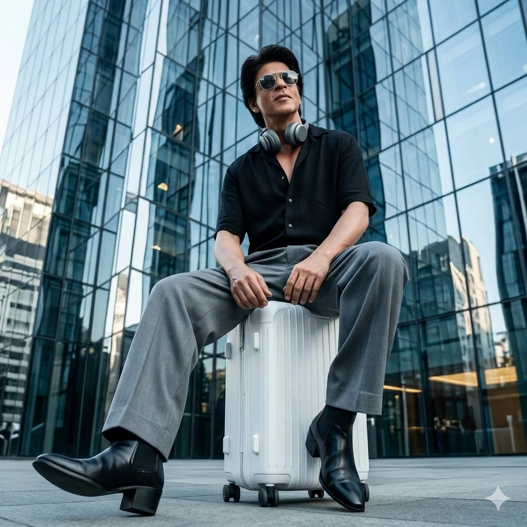A confident young man with striking resemblance to Shah Rukh Khan, sittin...