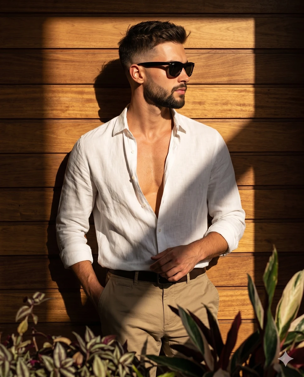A confident man stands centered in the frame, sporting a short tapered fa...