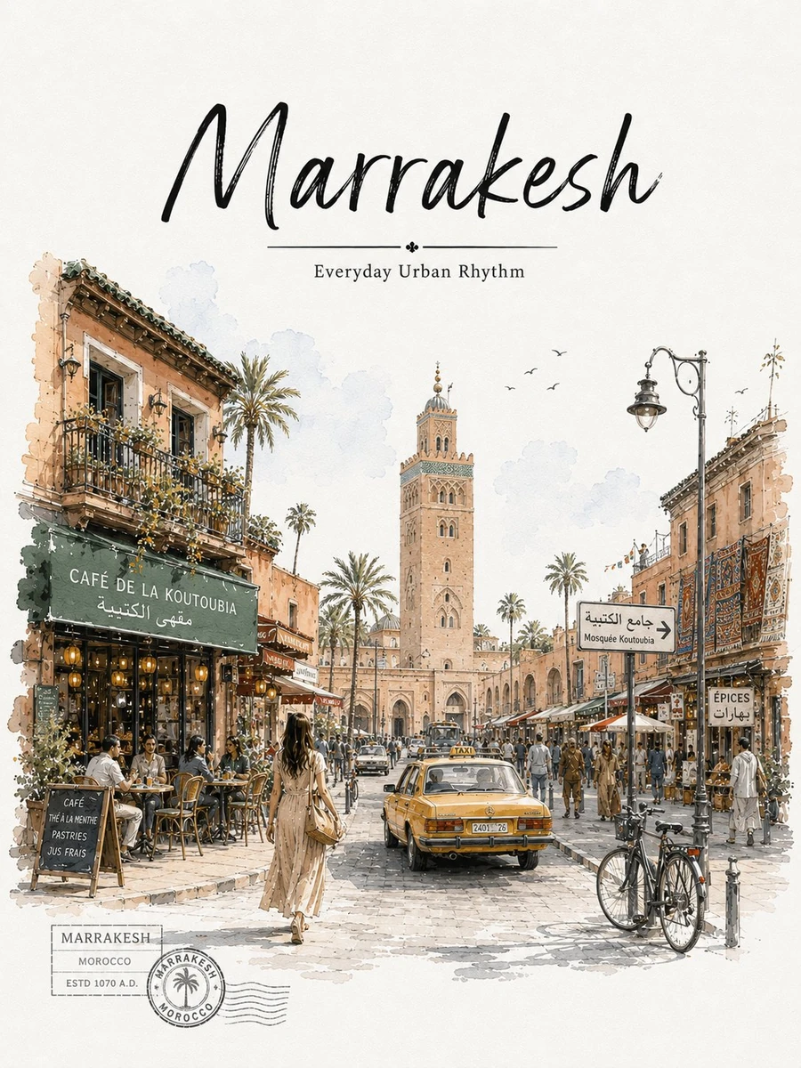 A minimalist vintage watercolor travel poster illustration of Marrakesh,...