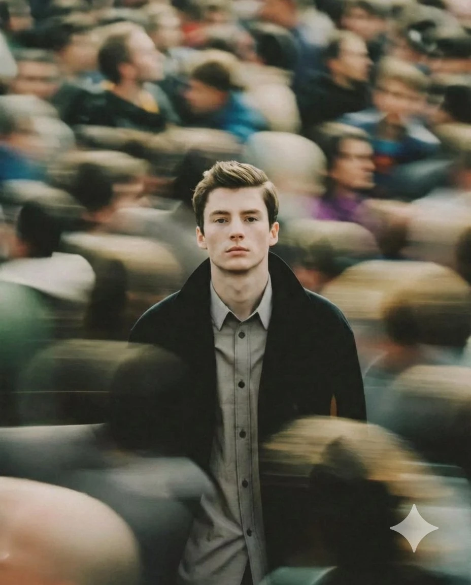 A cinematic portrait of a young man standing still in the middle of a bus...