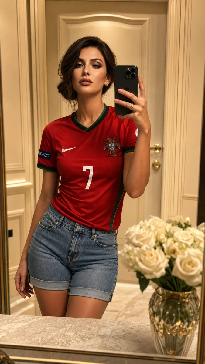 Ultra-realistic luxury mirror selfie photograph featuring the same young...