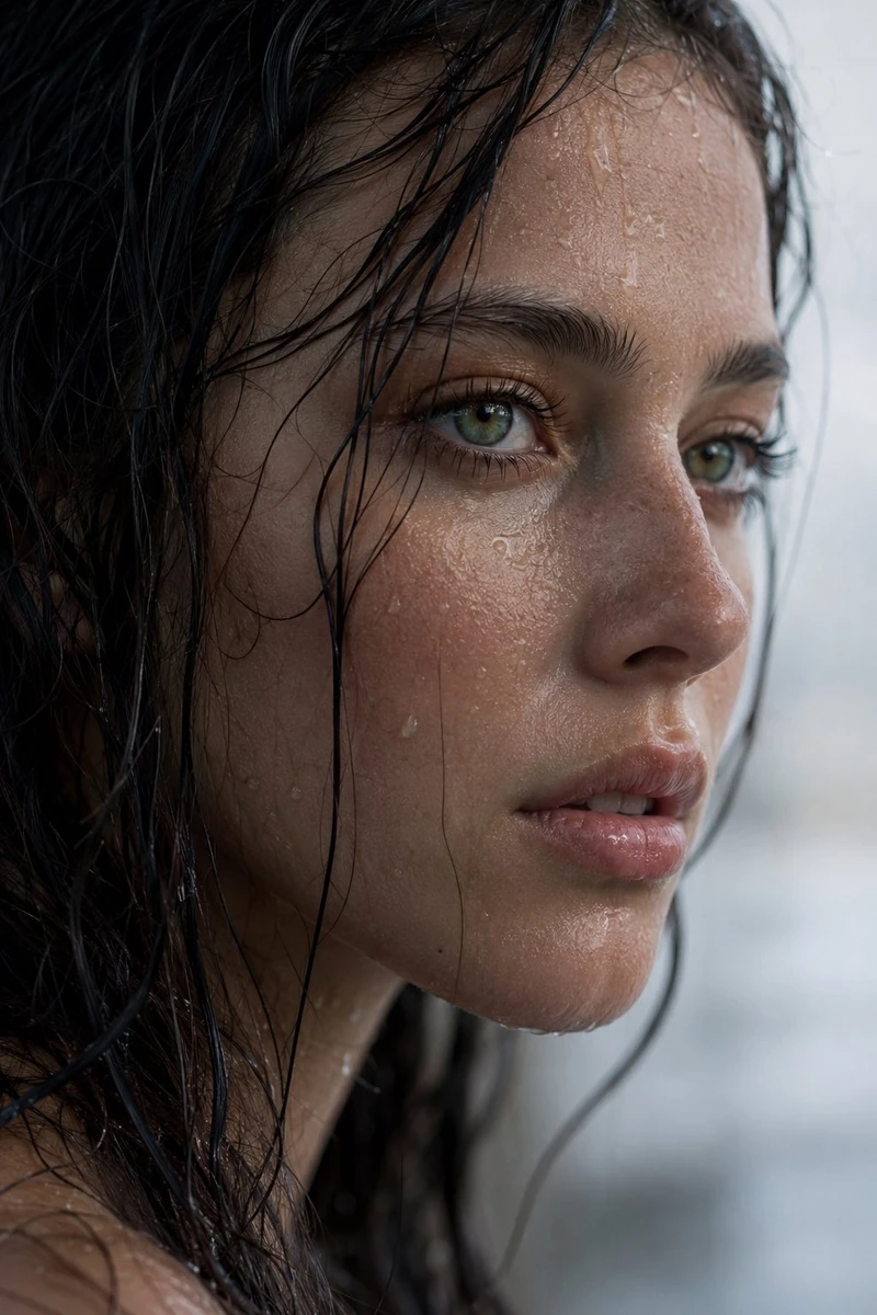 Extreme wet close-up portrait of a young woman in side profile. Dark, rai...