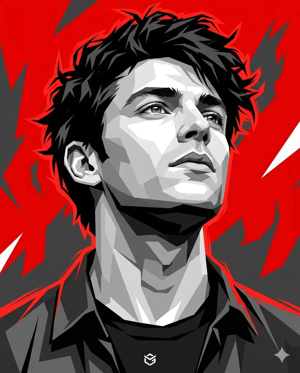 A bold vector-style portrait of a young man with sharp facial features an...