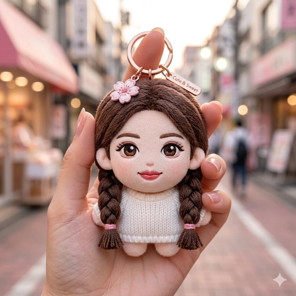 Ultra-HD 8K, a plush keychain based on the reference image of a girl, del...