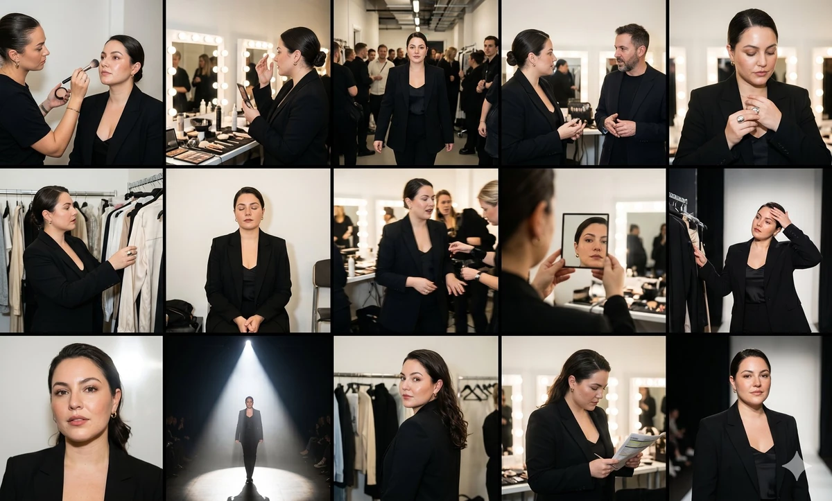 Ultra-photorealistic editorial collage arranged as a 5x3 backstage fashio...