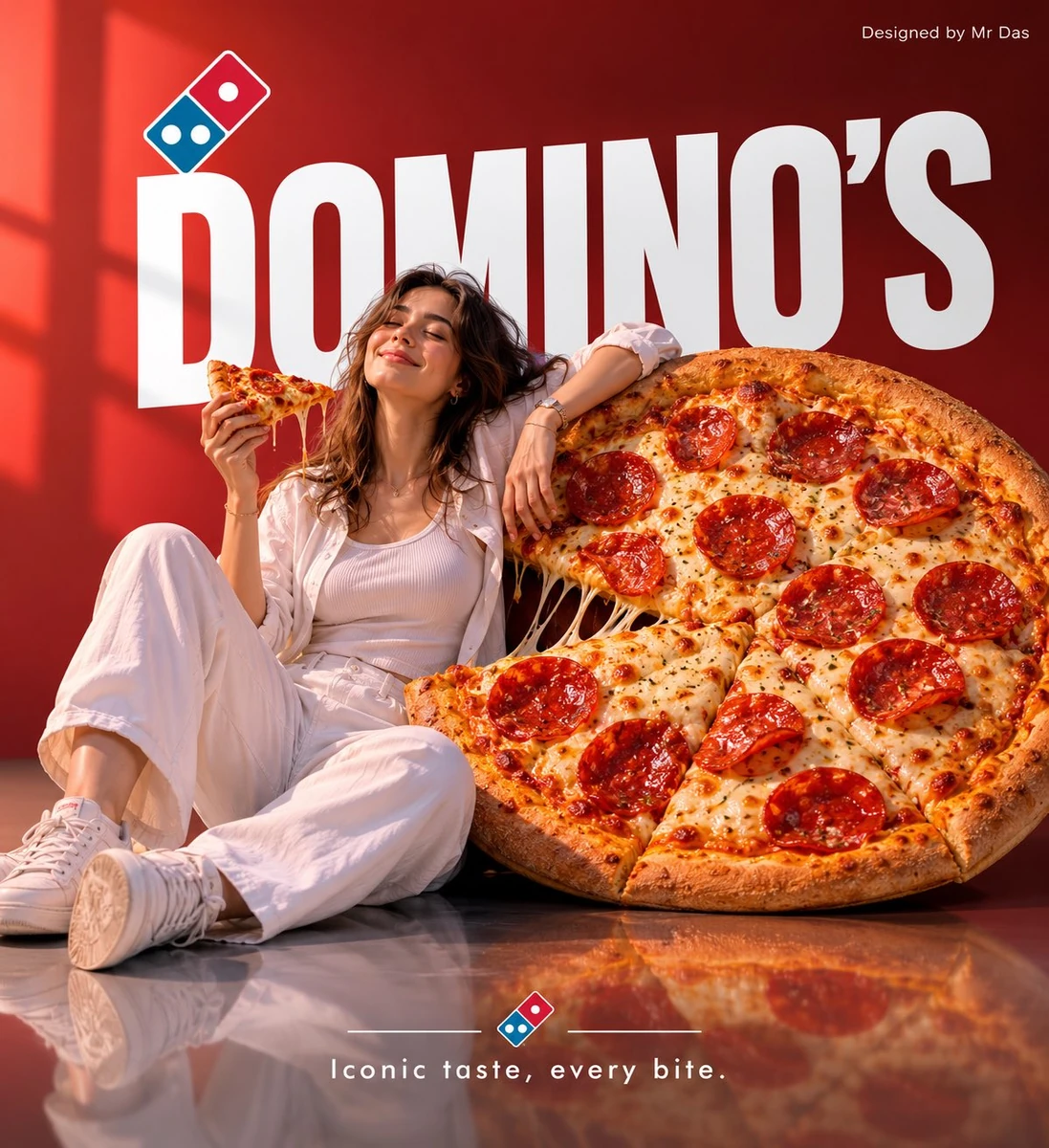 Minimalist commercial ad featuring oversized Domino’s Pepperoni Pizza, ul...