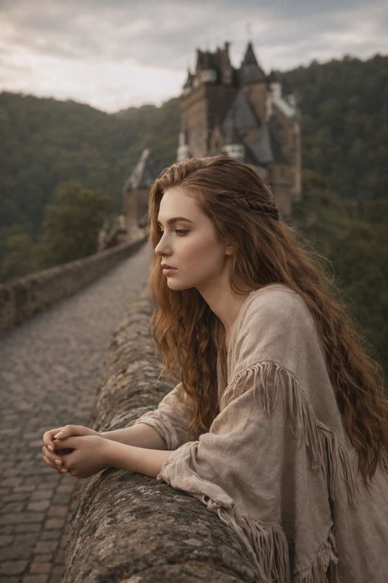 Cinematic portrait of a young woman with long flowing auburn hair, leanin...
