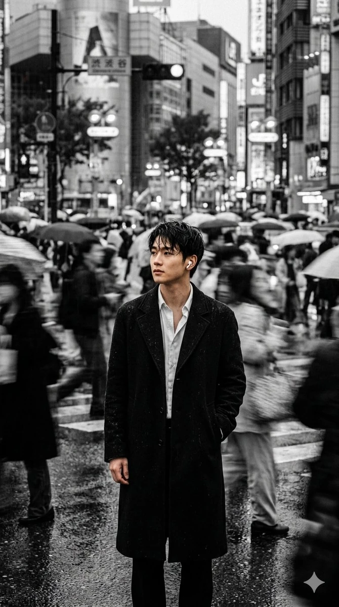 Black and white cinematic street photography, straight 9:16 composition....