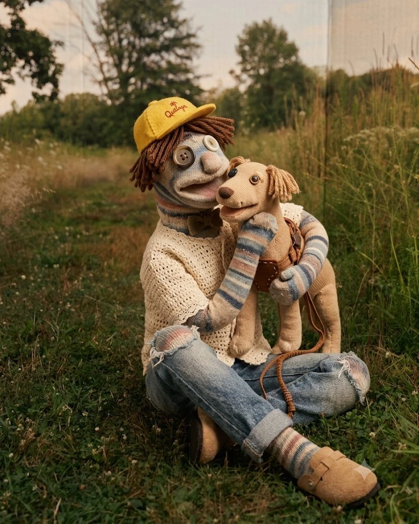 Recreate the uploaded photo with a scene with handmade sock dolls. Keep t...